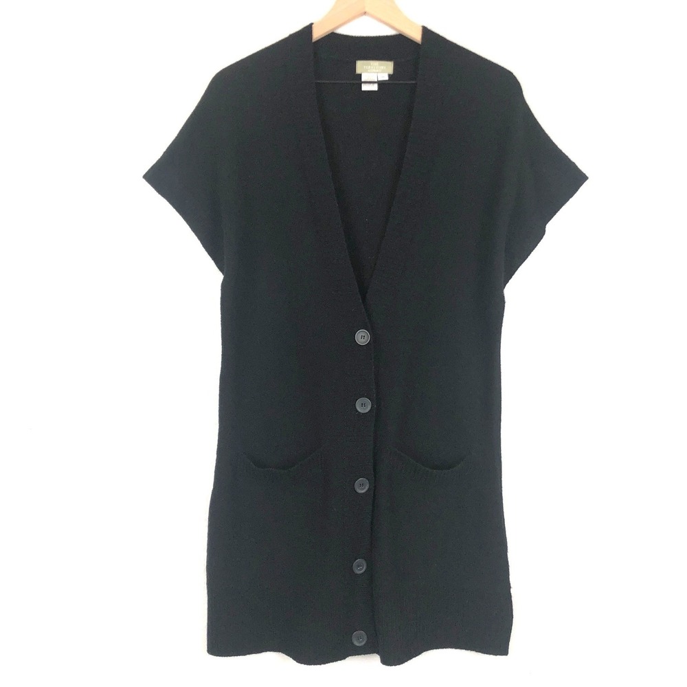 THE TERRITORY AHEAD Lambswool Sweater Women's M Black Button Short Sleeve V-Neck